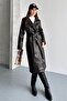 Women's Double-Breasted Collar Long Faux Leather Trench Coat - Belted Brown Leather Coat - 2