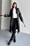 Women's Double-Breasted Collar Long Faux Leather Trench Coat - Belted Black Leather Coat - 4