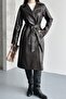 Women's Double-Breasted Collar Long Faux Leather Trench Coat - Belted Brown Leather Coat - 6