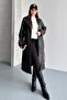 Women's Double-Breasted Collar Long Faux Leather Trench Coat - Belted Brown Leather Coat - 3