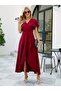 Women's Short Sleeve Double-Breasted Collared Front Asymmetrical Ruffled Long Imported Crepe Dress - 4