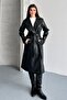 Women's Double-Breasted Collar Long Faux Leather Trench Coat - Belted Black Leather Coat - 2