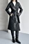 Women's Double-Breasted Collar Long Faux Leather Trench Coat - Belted Black Leather Coat - 6