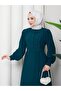Women's Pompom Detailed High Collar Hijab Dress - Emerald Crepe Fabric