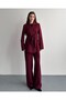 Women's Two-Piece Suit Blazer Jacket and Trousers Burgundy - Belted Double-Breasted Collar Stylish Suit - 3