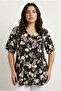 Plus Size V-Neck Short Sleeve Floral Print Pleated Stretchy Fabric T-Shirt