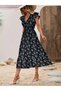 Women's Short Sleeve Double Breasted Collared Elastic Waist Floral Print Casual Flared Dress - 2
