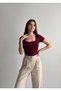 Women's Burgundy Square Collar Slim Fit Cotton Ultra Soft Lycra Fabric Basic Blouse - 4