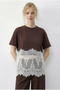Women's Brown White Crew Neck Lace Detailed Comfortable Fit T-Shirt 1074 60286064 - 2