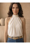 Women's Ecru Stand-Up Collar Sleeveless Pleated Sandy Fabric Blouse - 4