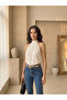 Women's Ecru Stand-Up Collar Sleeveless Pleated Sandy Fabric Blouse - 3