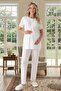 New Season Ecru Summer Shawl Collar Patterned Short Sleeve Maternity Dressing Gown Pajama Set with Breastfeeding Feature - 2