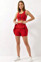 Red High Waist Double Layer Mini Skirt Tennis Skirt and Zipper Bustier Crop Set - 5