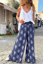 Italian Navy Blue Ethnic Pattern Soft Textured Elastic Waist Wide Leg Loose Woven Trousers 100 64