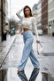 Low-Cut Crop Knit Sweater with Ripped Detail, Long Sleeves, Slim Fit - White - 7