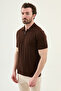 Patterned Slim Fit Polo Collar Zippered Men's Knitwear T-Shirt Brown - 11585.26Y - 3