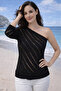Women's Asymmetrical Collar Single Sleeve Openwork Special Design Stylish Knitted Patterned Black Knitwear Blouse - 2