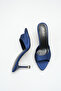 Women's Navy Blue Satin Gold Detailed Thin Heeled Open Toe Slippers - 4