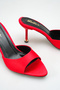 Women's Red Satin Gold Detailed Thin Heeled Open Toe Slippers - 6