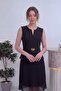 Women's Black Pleated Belted Midi Length Evening Dress - 2