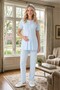 New Season Blue Summer Shawl Collar Patterned Breastfeeding Short Sleeve Maternity Dressing Gown Pajama Set - 3