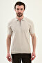Plain Slim Fit Polo Collar Zippered Men's Knitwear T-Shirt Beige - 11594.26Y