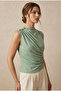 Women's Mint Boat Neck Shoulder Buttoned Sleeveless Sandy Fabric Blouse with Drawstring Detail - 3