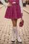 Girl's High-Neck Collar and Spanish Sleeve Blouse Square Striped Knitwear Pink Skirt Set - 6
