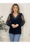 V-Necklace Bluz with Lace Detail on the Sleeves and Collar