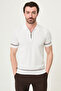 Stripe Detailed Slim Fit Polo Collar Zippered Men's Knitwear T-Shirt White-Tile - 11592.26Y