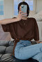 Women's Oversize Basic Brown T-Shirt with Side Ties, Comfortable Cut, Casual Summer T-Shirt - 6