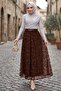 Lined Belted Floral Patterned Tulle Skirt Brown Hm2877