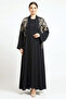 2 Pieces Nida Fabric Premium Full Black Open Abaya Set With Inner Floral Embroidery Muslim Hijab