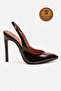 Genuine Leather Brown Patent Leather Pointed Toe Flat Sole Stiletto High Heel Shoes Nova