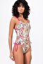 Women's Patterned Special Lurex Fabric Gathered Swimsuit with Lace Detail - 3