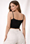 Women's Black Crop Blouse Draped Straps Double Breasted Collar Gathered Stylish Top - 3