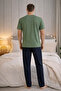 Men's Green Printed Short Sleeve T-Shirt Navy Blue Bottom Cotton Pajama Set - 3