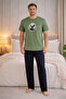 Men's Green Printed Short Sleeve T-Shirt Navy Blue Bottom Cotton Pajama Set