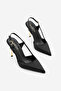 Women's Stiletto Open Back and Side Gold Painted Heeled Thin Heeled Shoes Rigen Black Satin - 3