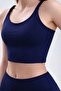 Women's Navy Blue Lightly Supported Knitted Strap Sports Bra Bustier with Side Seam Detail and Padding