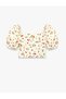 Linen Viscose Blended Gipeli Slim Fit Poplin Square Collar Crop Balloon Sleeve Strawberry Patterned Blouse - 6