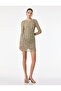 Slim Fit Long Sleeve Round Neck Draped Detailed Mini Plaid Tulle Dress - 3