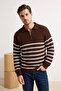 Kahverengi Oversize Polo Yaka Çizgili Kazak TMNAW24KZ00018 - 2