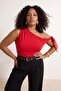Red Asymmetric Neckline Tie Detail Stretchy Knitted Blouse Tbbss26Af00079