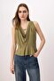 More Sustaniable Khaki Regular/Normal Fit Degaje Collar Sleeveless Modal Knitted Blouse Twoss26Bz00628 - 2
