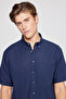 Men's Navy Blue Comfort Fit Relaxed Cut Button Collar Linen Look 100% Cotton Short Sleeve Shirt - 4