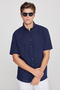 Men's Navy Blue Comfort Fit Relaxed Cut Button Collar Linen Look 100% Cotton Short Sleeve Shirt