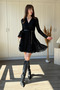 Floral Embroidered Double Breasted Belt Detachable Short Black Dress - 2