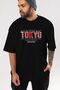 Tokyo Printed Front Black Oversize T-shirt Unisex Men's Women's Crew Neck - 3