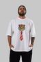 Tiger With Tie Front Printed White Oversize T-shirt Men's Women's Crew Neck - 5